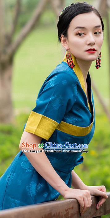 China Traditional Tibetan Blue Brocade Bola Dress Costume Zang Nationality Minority Woman Clothing