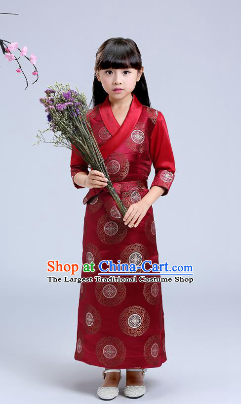 Chinese Xizang Ethnic Minority Girl Wine Red Brocade Dress Traditional Zang Nationality Children Costumes