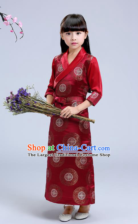Chinese Xizang Ethnic Minority Girl Wine Red Brocade Dress Traditional Zang Nationality Children Costumes