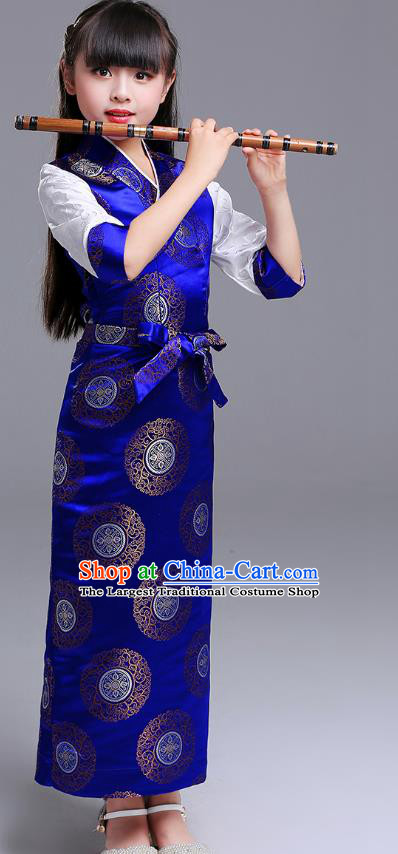 Chinese Traditional Zang Nationality Children Costumes Tibetan Ethnic Minority Girl Royalblue Brocade Dress