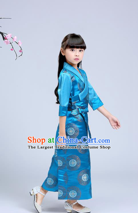 Chinese Traditional Zang Nationality Folk Dance Costumes Tibetan Ethnic Minority Girl Blue Brocade Bola Dress