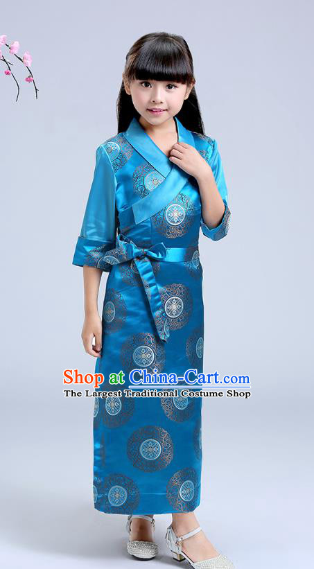 Chinese Traditional Zang Nationality Folk Dance Costumes Tibetan Ethnic Minority Girl Blue Brocade Bola Dress