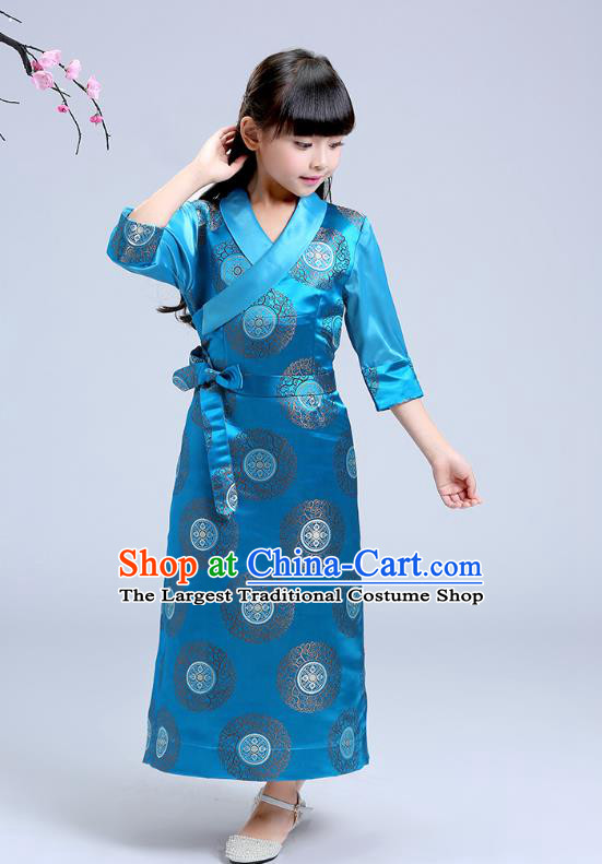 Chinese Traditional Zang Nationality Folk Dance Costumes Tibetan Ethnic Minority Girl Blue Brocade Bola Dress