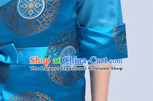 Chinese Traditional Zang Nationality Folk Dance Costumes Tibetan Ethnic Minority Girl Blue Brocade Bola Dress