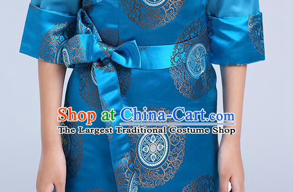 Chinese Traditional Zang Nationality Folk Dance Costumes Tibetan Ethnic Minority Girl Blue Brocade Bola Dress