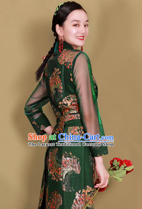 China Zang Nationality Minority Stage Performance Clothing Traditional Tibetan Woman Green Bola Dress