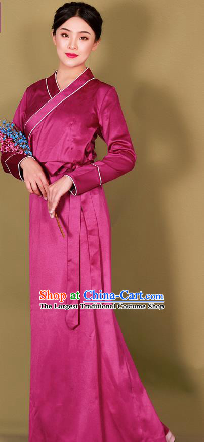 China Tibetan Ethnic Woman Rosy Bola Dress Traditional Zang Nationality Kangba Stage Performance Clothing