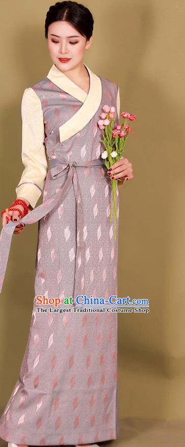 China Traditional Zang Minority Costume Xizang Tibetan Ethnic Woman Lilac Bola Dress Clothing