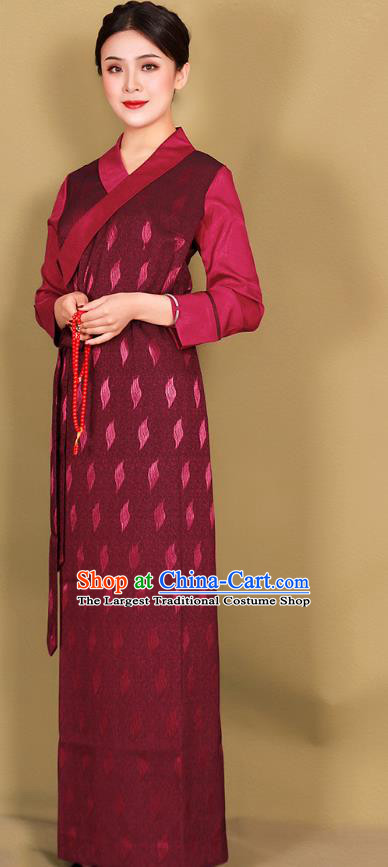 China Xizang Tibetan Ethnic Wine Red Bola Dress Clothing Traditional Zang Minority Woman Costume