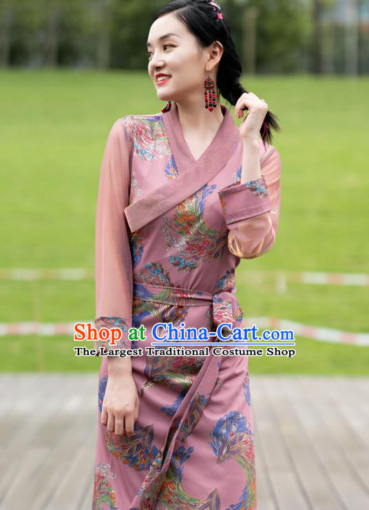 China Tibetan Woman Pink Bola Dress Traditional Zang Nationality Minority Folk Dance Clothing