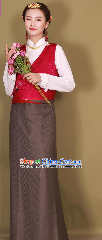 China Traditional Brown Tibetan Robe Zang Minority Costume Xizang Ethnic Woman Clothing