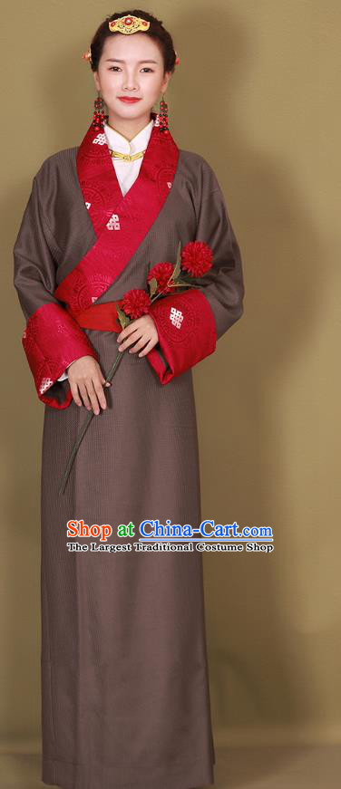 China Traditional Brown Tibetan Robe Zang Minority Costume Xizang Ethnic Woman Clothing