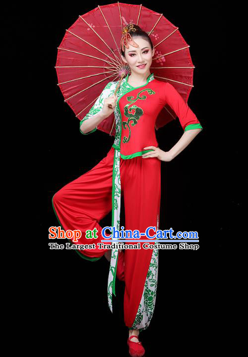 China Drum Dance Yangko Dance Clothing Traditional Folk Dance Fan Dance Red Outfits