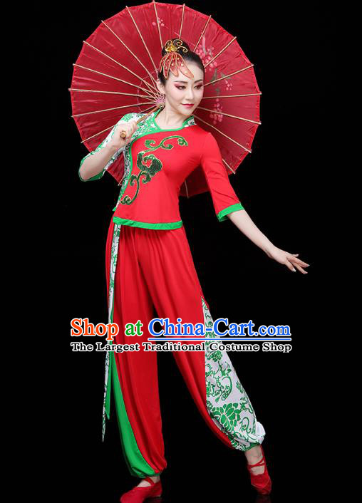 China Drum Dance Yangko Dance Clothing Traditional Folk Dance Fan Dance Red Outfits