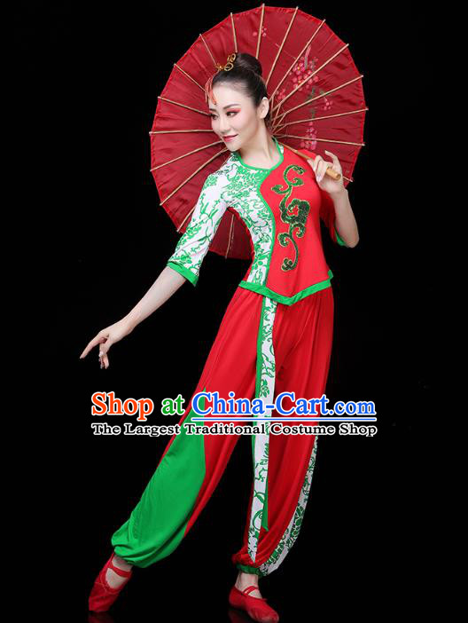 China Drum Dance Yangko Dance Clothing Traditional Folk Dance Fan Dance Red Outfits