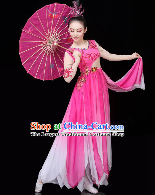 Chinese Traditional Woman Group Dance Costume Umbrella Dance Clothing Classical Dance Rosy Dress
