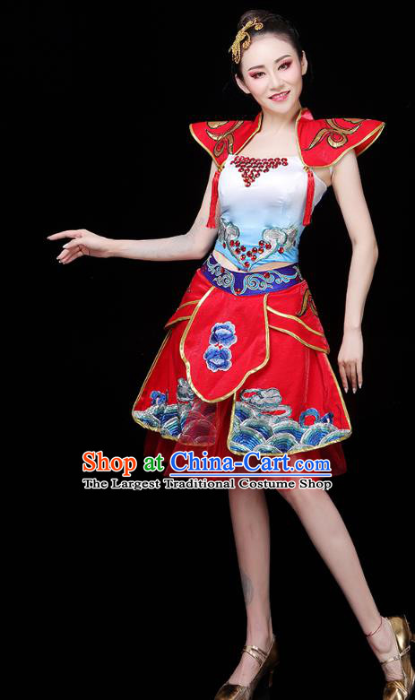 China Woman Drum Dance Costume Modern Dance Clothing Spring Festival Gala Opening Dance Red Short Dress