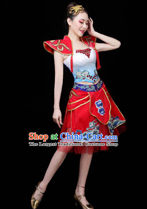 China Woman Drum Dance Costume Modern Dance Clothing Spring Festival Gala Opening Dance Red Short Dress