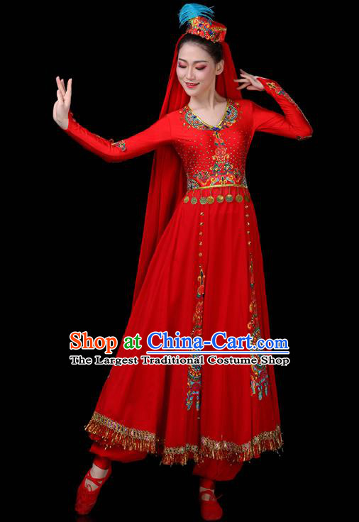 Chinese Xinjiang Ethnic Folk Dance Red Dress Traditional Uygur Nationality Stage Performance Costume