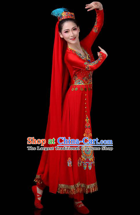 Chinese Xinjiang Ethnic Folk Dance Red Dress Traditional Uygur Nationality Stage Performance Costume