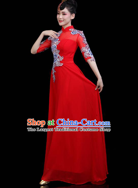 China Woman Embroidered Chorus Costume Modern Dance Clothing Opening Dance Red Dress