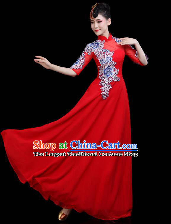 China Woman Embroidered Chorus Costume Modern Dance Clothing Opening Dance Red Dress