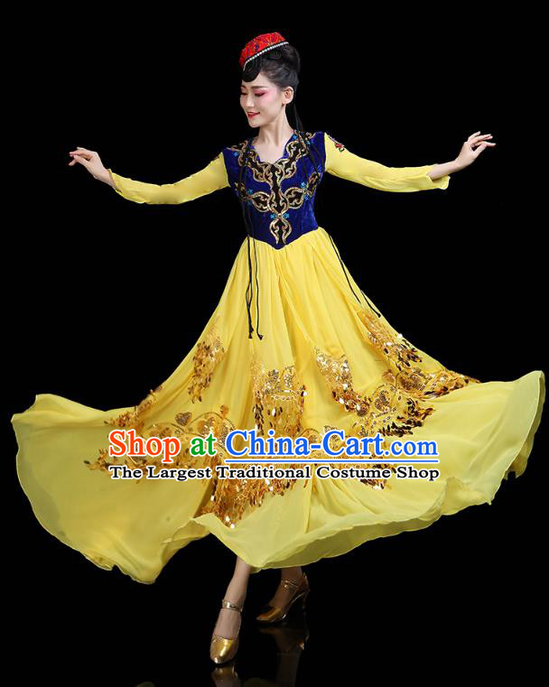 Chinese Xinjiang Ethnic Woman Yellow Dress Traditional Uygur Nationality Dance Performance Costume