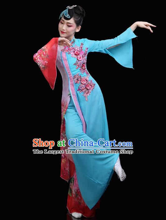 Chinese Classical Dance Embroidered Blue Dress Traditional Woman Group Dance Costume Umbrella Dance Clothing