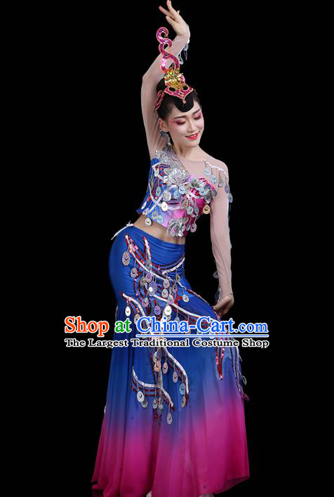 Chinese Yunnan Ethnic Peacock Dance Sequins Dress Traditional Dai Nationality Performance Costume