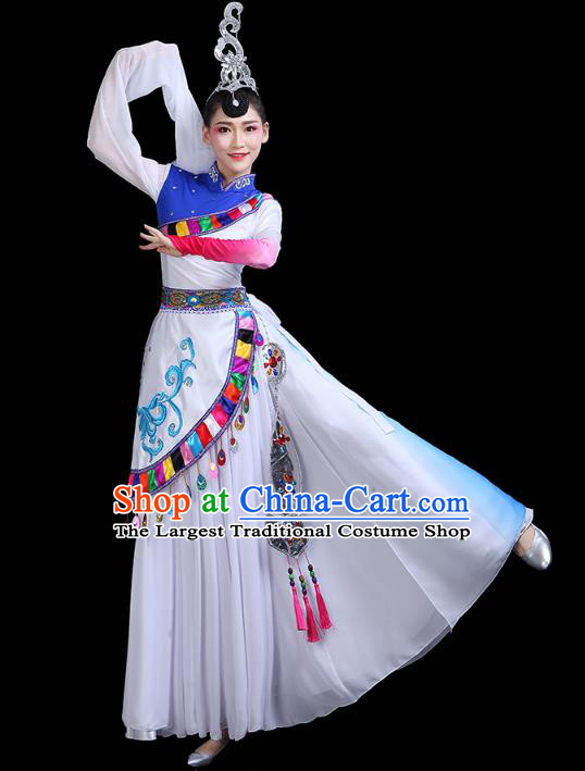 Chinese Tibetan Ethnic Dance White Dress Traditional Zang Nationality Stage Performance Costume