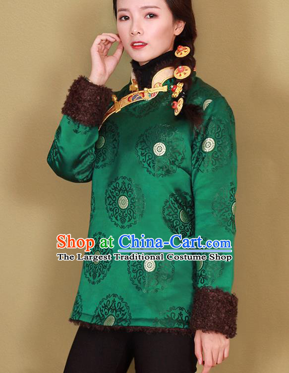 Chinese Tibetan Ethnic Green Brocade Cotton Wadded Jacket Traditional Zang Nationality Woman Outer Garment Clothing
