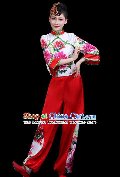 China Traditional Folk Dance Stage Performance Printing Peony Outfits Yangko Dance Fan Dance Clothing