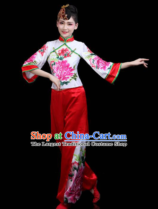 China Traditional Folk Dance Stage Performance Printing Peony Outfits Yangko Dance Fan Dance Clothing