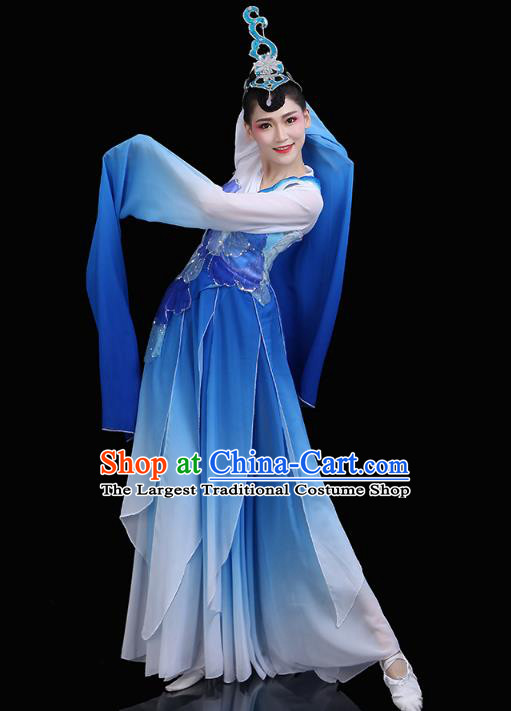 Chinese Traditional Woman Group Lotus Dance Costume Classical Dance Clothing Water Sleeve Dance Blue Dress
