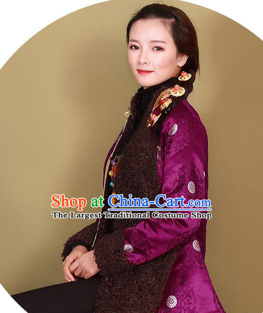 Chinese Traditional Winter Clothing Tibetan Ethnic Purple Brocade Cotton Wadded Jacket Zang Nationality Woman Outer Garment