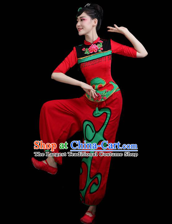 China Traditional Folk Dance Stage Performance Red Outfits Yangko Dance Fan Dance Clothing