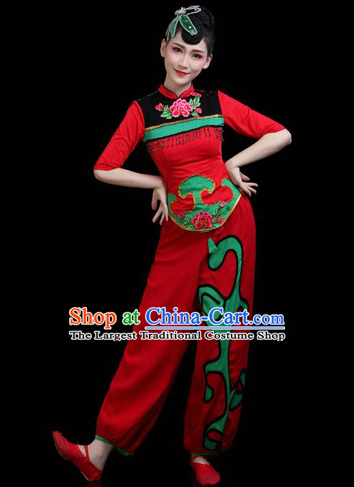 China Traditional Folk Dance Stage Performance Red Outfits Yangko Dance Fan Dance Clothing