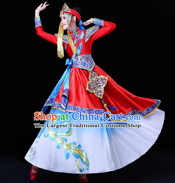 Chinese Mongol Ethnic Wedding Bride Dress Traditional Mongolian Nationality Folk Dance Costume and Headwear