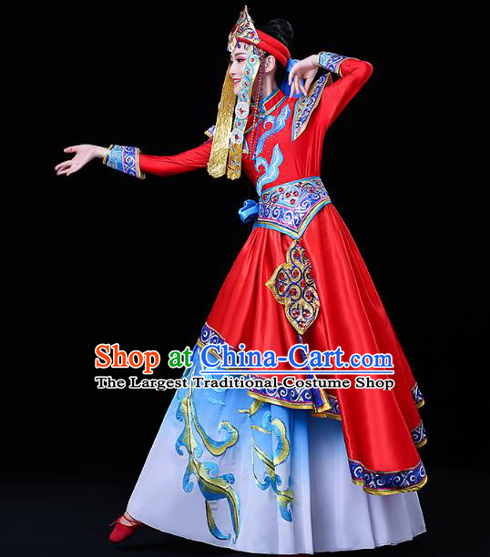 Chinese Mongol Ethnic Wedding Bride Dress Traditional Mongolian Nationality Folk Dance Costume and Headwear