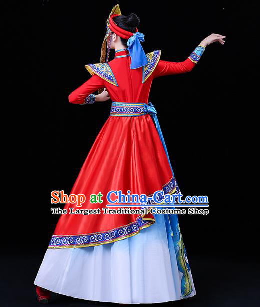 Chinese Mongol Ethnic Wedding Bride Dress Traditional Mongolian Nationality Folk Dance Costume and Headwear