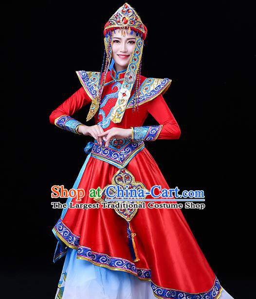 Chinese Mongol Ethnic Wedding Bride Dress Traditional Mongolian Nationality Folk Dance Costume and Headwear