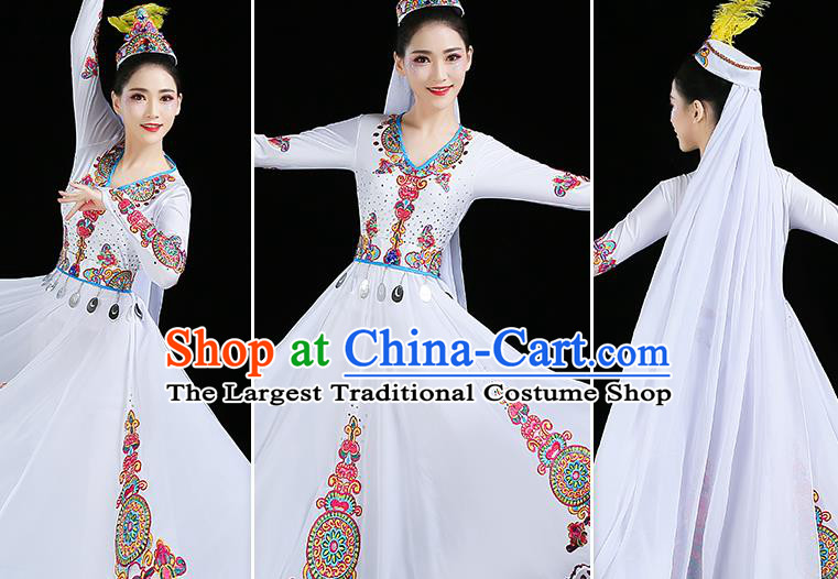 Chinese Traditional Uyghur Nationality Folk Dance Costume Xinjiang Ethnic Stage Performance White Dress