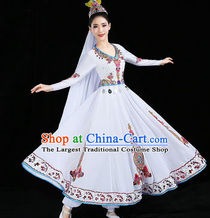 Chinese Traditional Uyghur Nationality Folk Dance Costume Xinjiang Ethnic Stage Performance White Dress