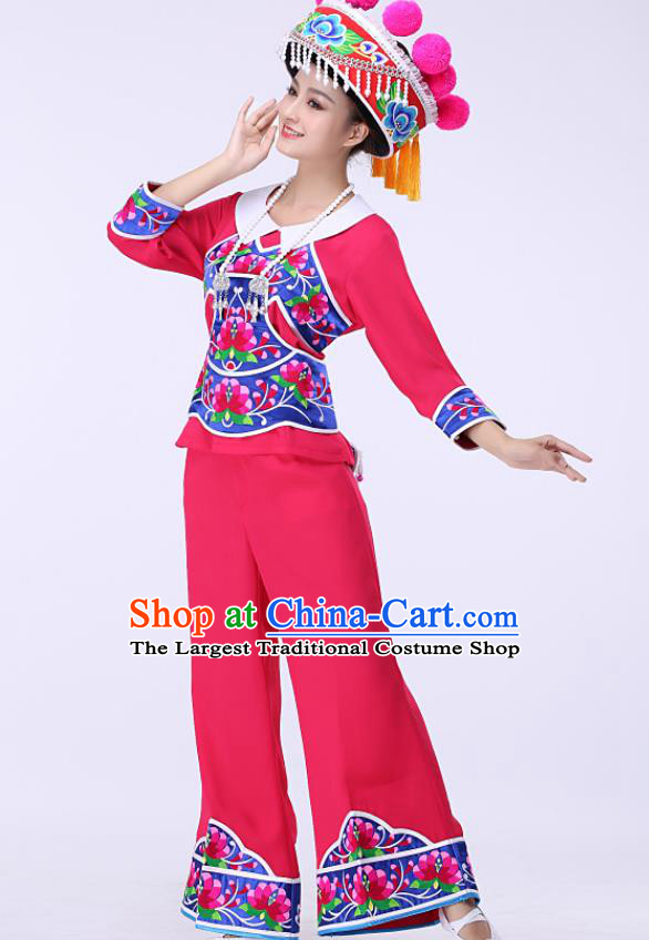Chinese Liangshan Ethnic Stage Performance Rosy Outfits Traditional Yi Nationality Folk Dance Costumes