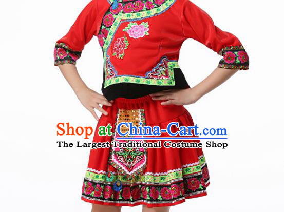 Chinese Hmong Ethnic Girl Performance Clothing Traditional Miao Minority Children Dance Red Dress Outfits