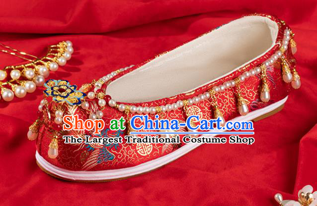 China Ancient Bride Pearls Shoes Traditional Ming Dynasty Princess Shoes Handmade Hanfu Wedding Red Satin Shoes