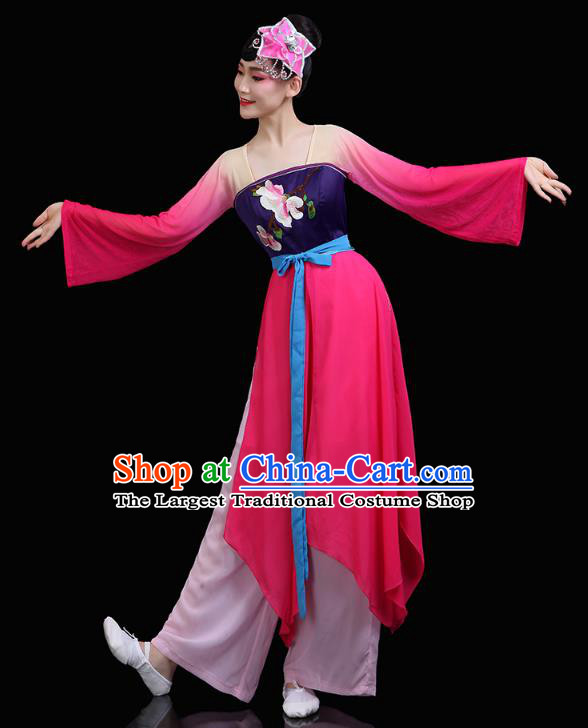Chinese Umbrella Dance Rosy Dress Traditional Woman Group Dance Costume Classical Dance Clothing