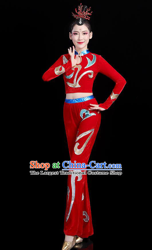 China Modern Dance Costume Bodybuilding Competition Red Outfits Aerobics Training Clothing