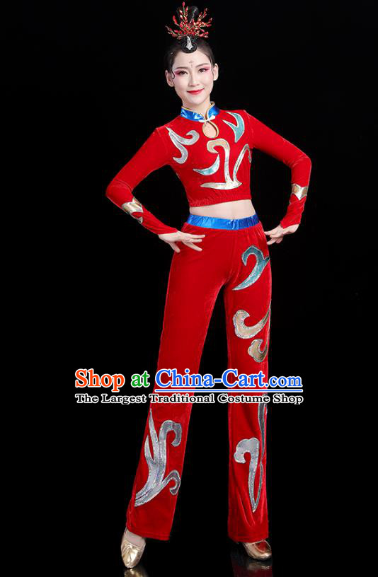 China Modern Dance Costume Bodybuilding Competition Red Outfits Aerobics Training Clothing