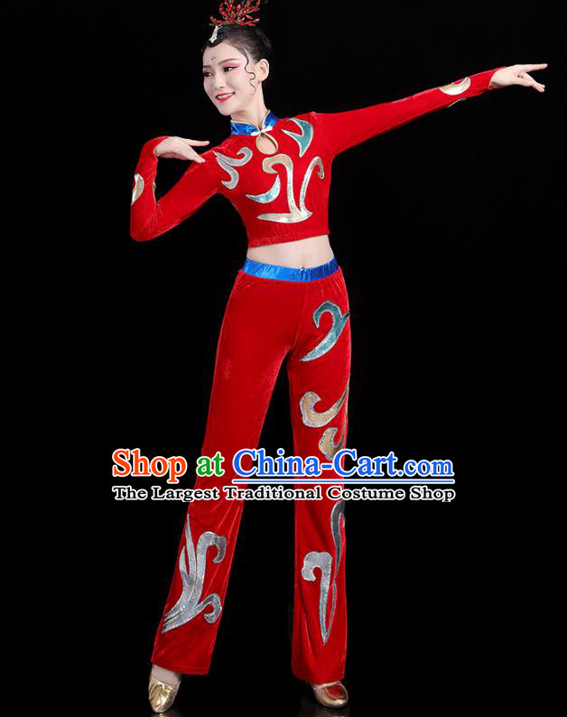 China Modern Dance Costume Bodybuilding Competition Red Outfits Aerobics Training Clothing